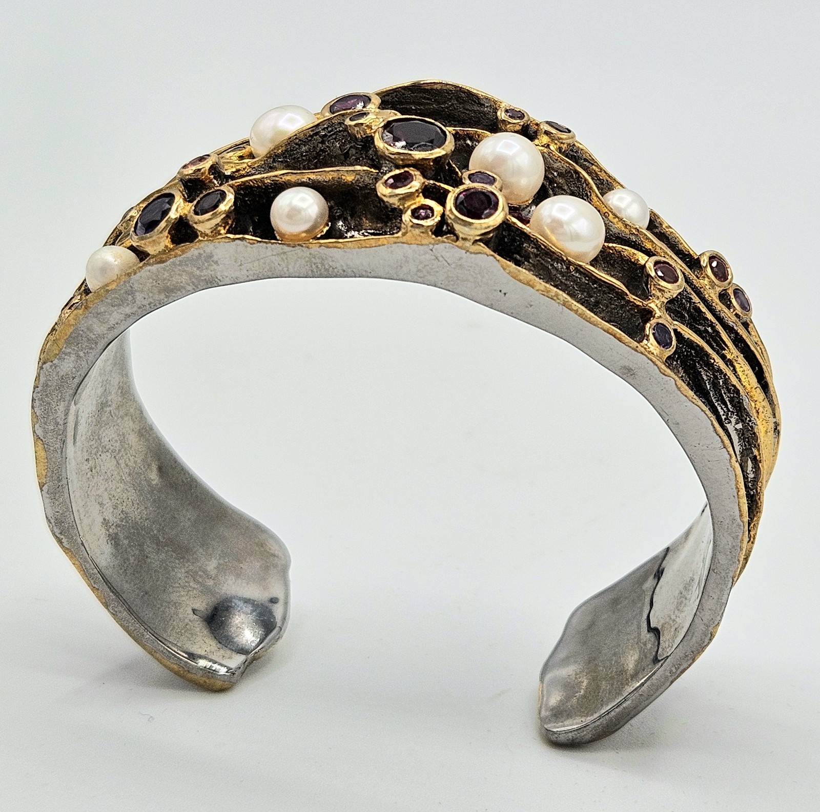 Silver Multi Gem FW Pearl Cuff Bracelet Gold Vermeil Sapphire, Garnet, Amethyst