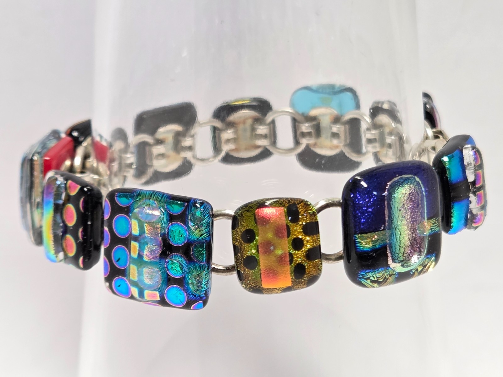 Dichroic Art Glass Link Bracelet Vintage Fused 11 Multi Color Geometric 7″ Long