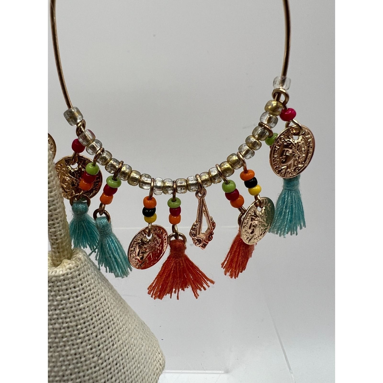 Coin Tassel Hoop Earrings Boho Festival Gypsy Teal Orange Gold Tone 3.5in