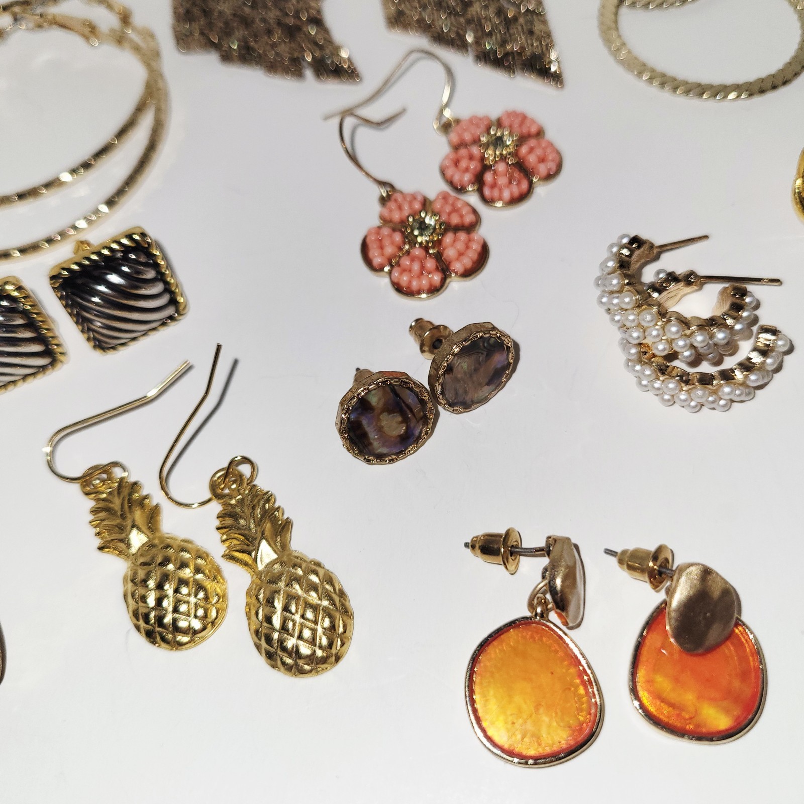 Lot of Earrings 13 Pair Gold Tone Dangles Hoops Studs Pierced Varied Styles EUC