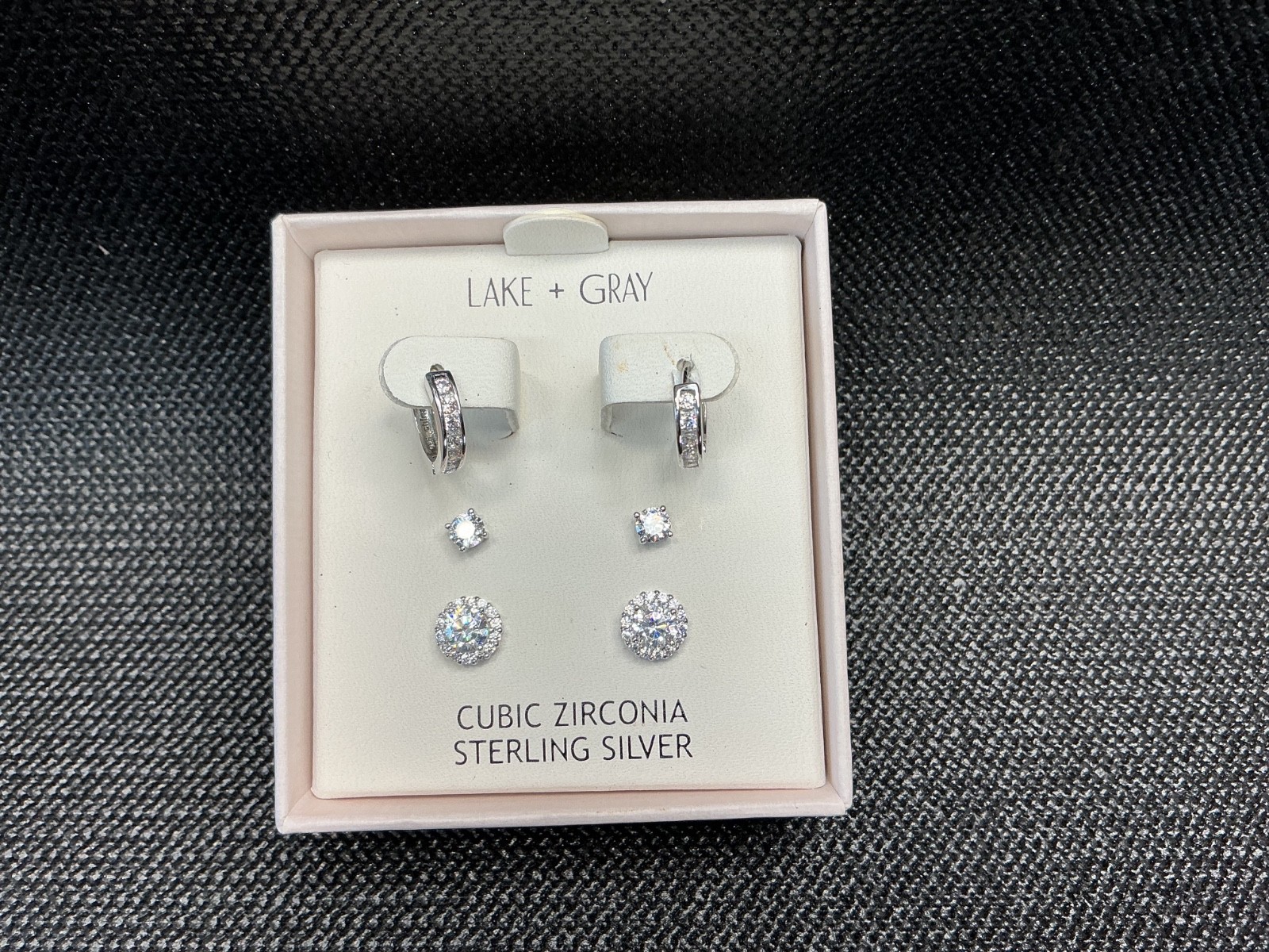 Lake + Gray Sterling Silver Cubic Zirconia 3-Pair Earring Set New In Box