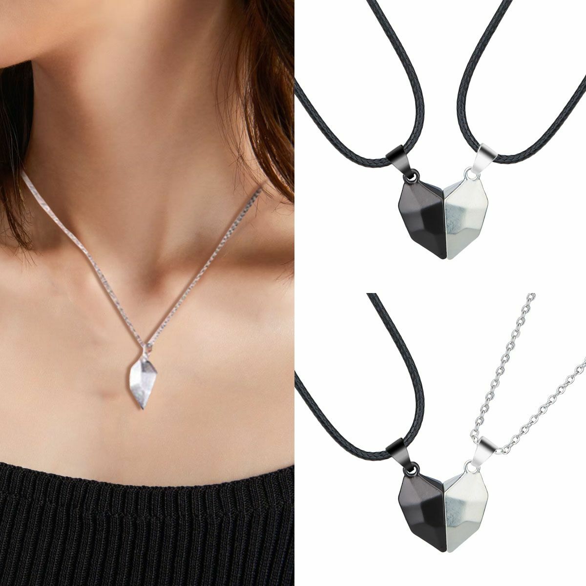 2pcs Magnetic Couple Necklace Heart Friendship Matching Pendant Jewelry Set Gift