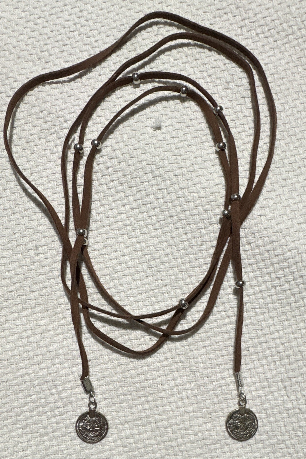 Brown Leather Cord Necklace with Silver-Tone Round Coin Pendant