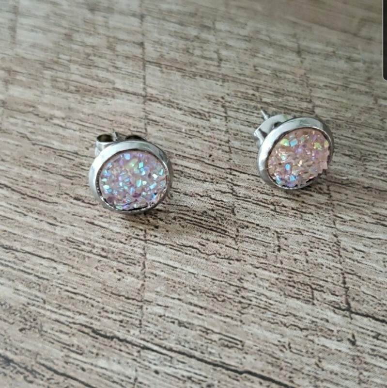 8mm faux Druzy Stud Earrings Pink Rose Steel Boho Hippie Geode Cream Beige New