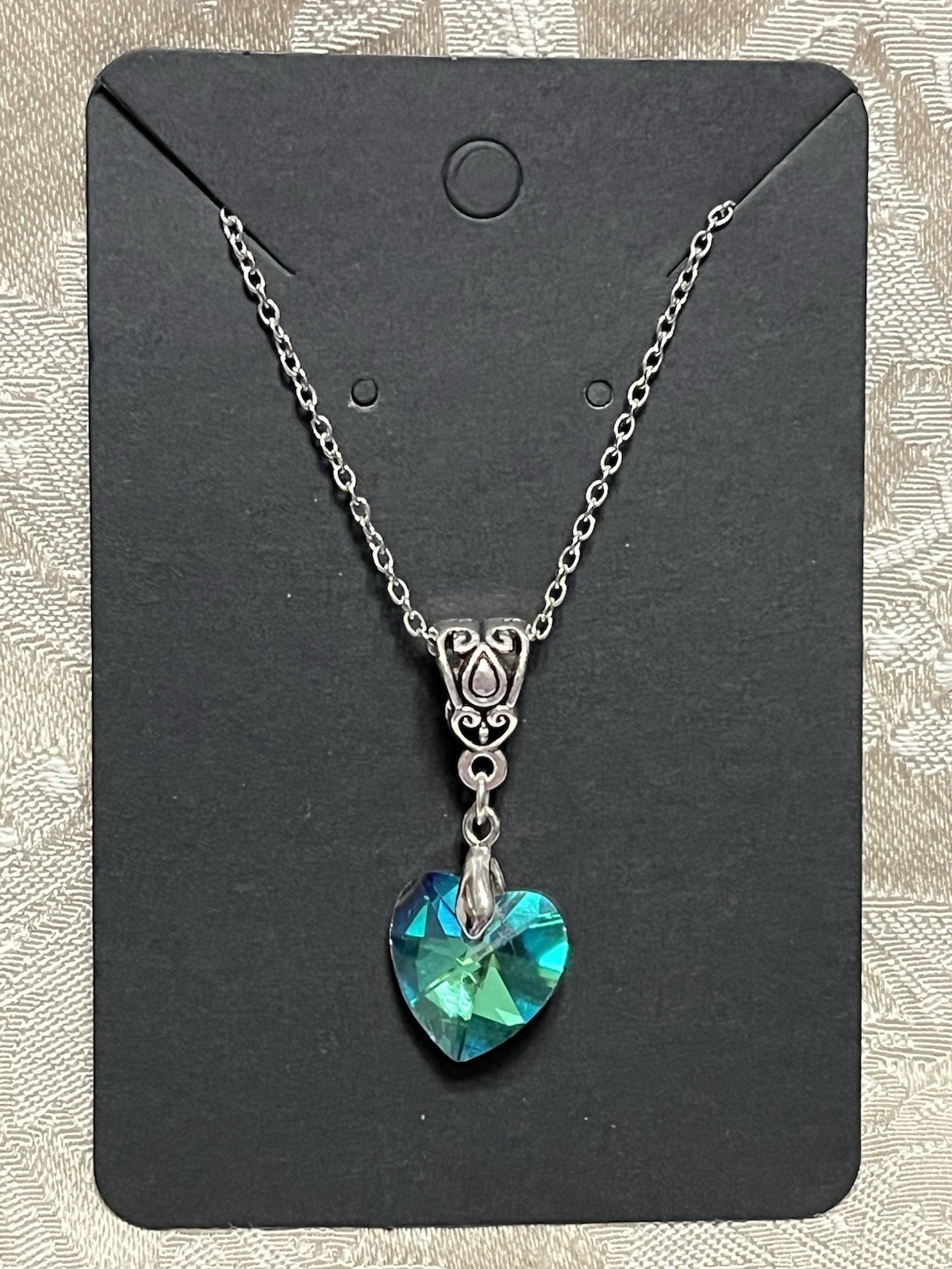 Vintage Blue Green Glass Gem Heart Silver Charm Pendant Fashion Necklace 18”