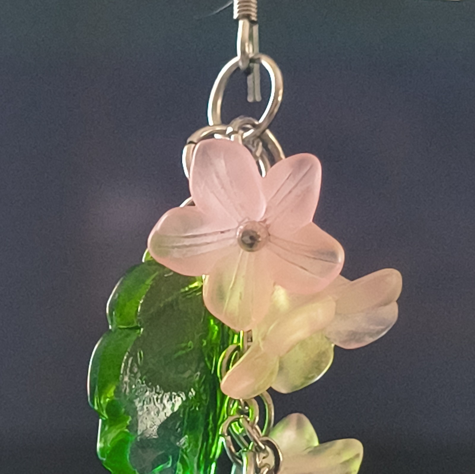 Green Leaf & Pink Flower Dangle/Drop Hook Earrings, Plastic/Metal, No Stone