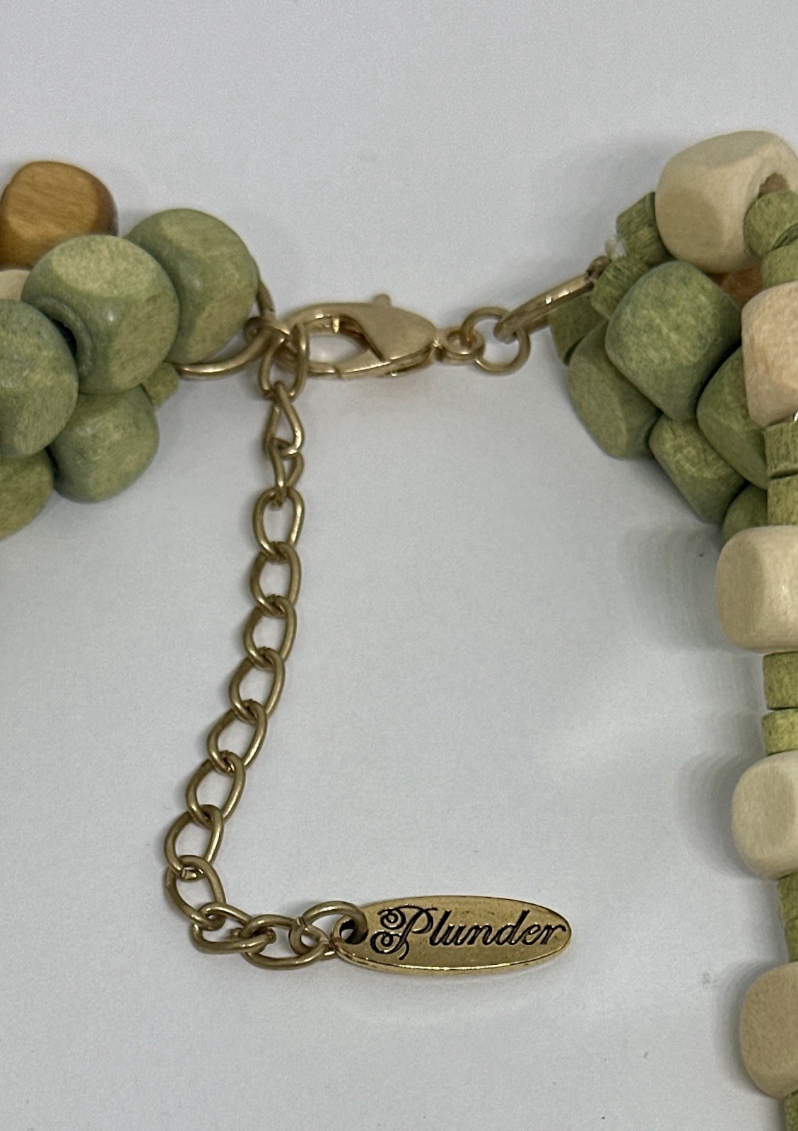 Plunder Design Wood Bead Necklace Four Strand Multi Colored Green Cream Brown