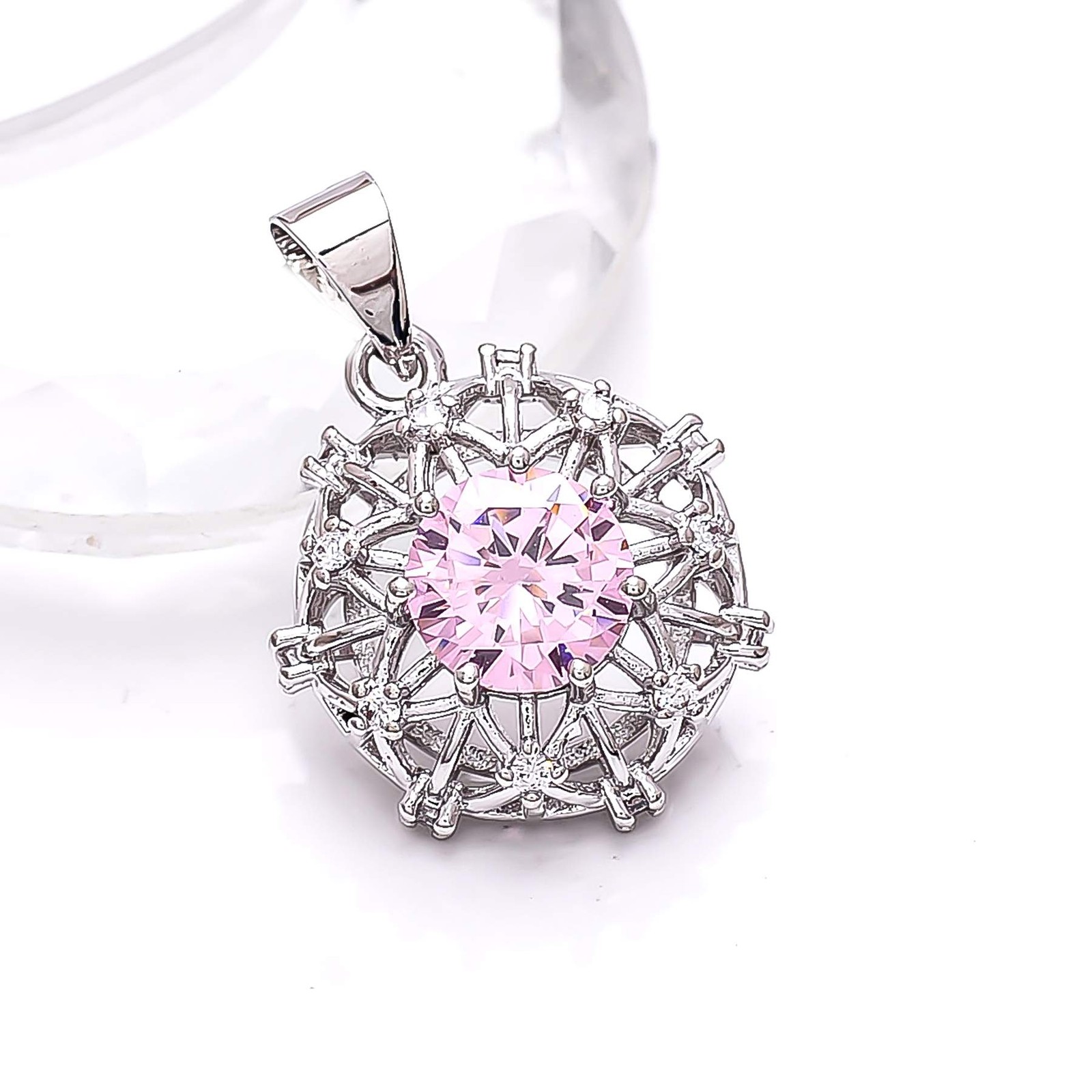 Pink Sapphire – Simulated & CZ Gemstone 925 Sterling Silver Pendant 1.00″ P7863