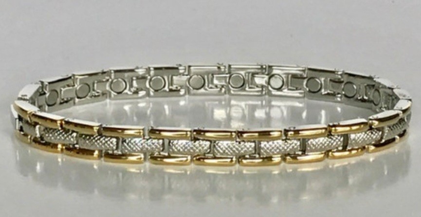 Magnetic Bracelet STAINLESS STEEL Silver n Middle Gold Plated Outside Size 7.5″