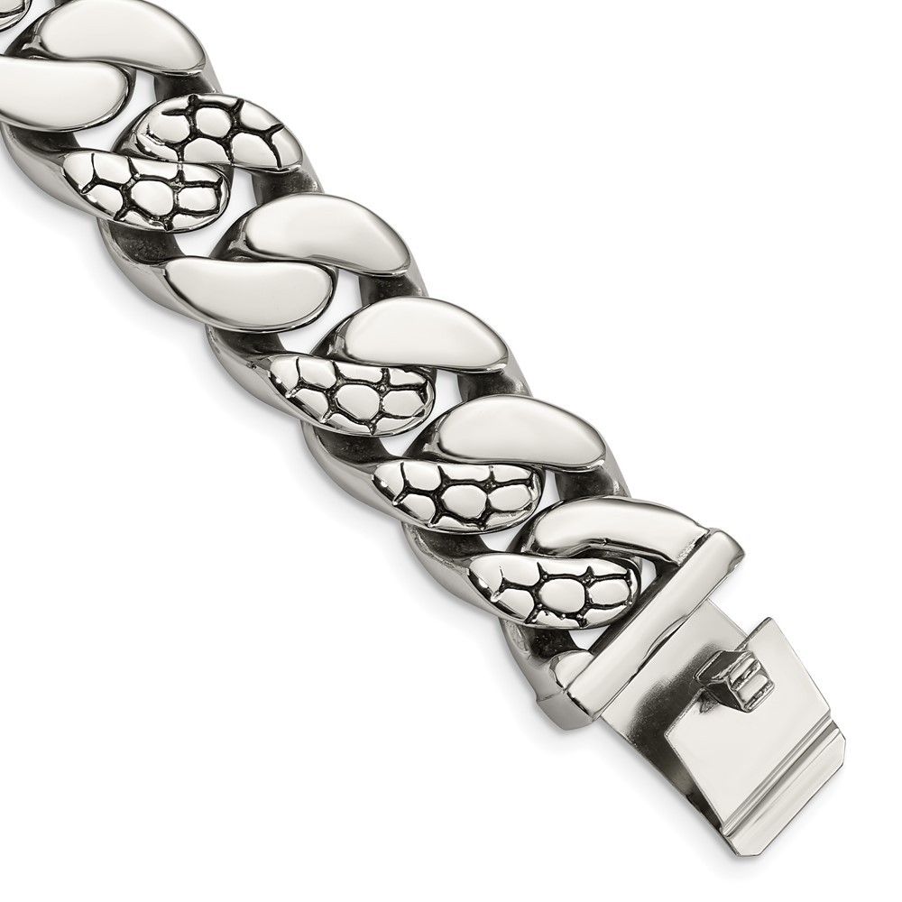 Stainless Steel Polished and Textured Snake Skin Design Curb Bracelet 8.5″