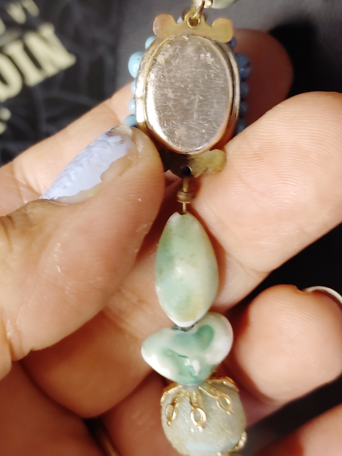 Vintage Handmade Blue Green Beaded Necklace Floral Accent Mid Century Statement