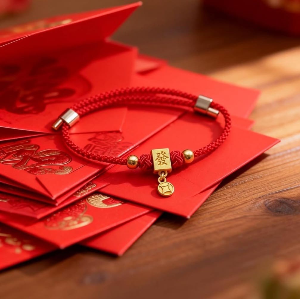 Red/Gold Adjustable Beaded Charm Bracelet, Dangle Bell, Chinese New Year