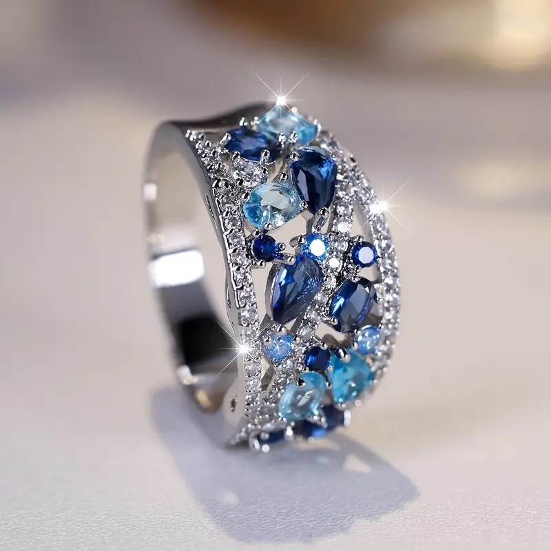 Elegant 925 Sterling Silver Blue White Topaz Wedding Engagement Ring Size 9