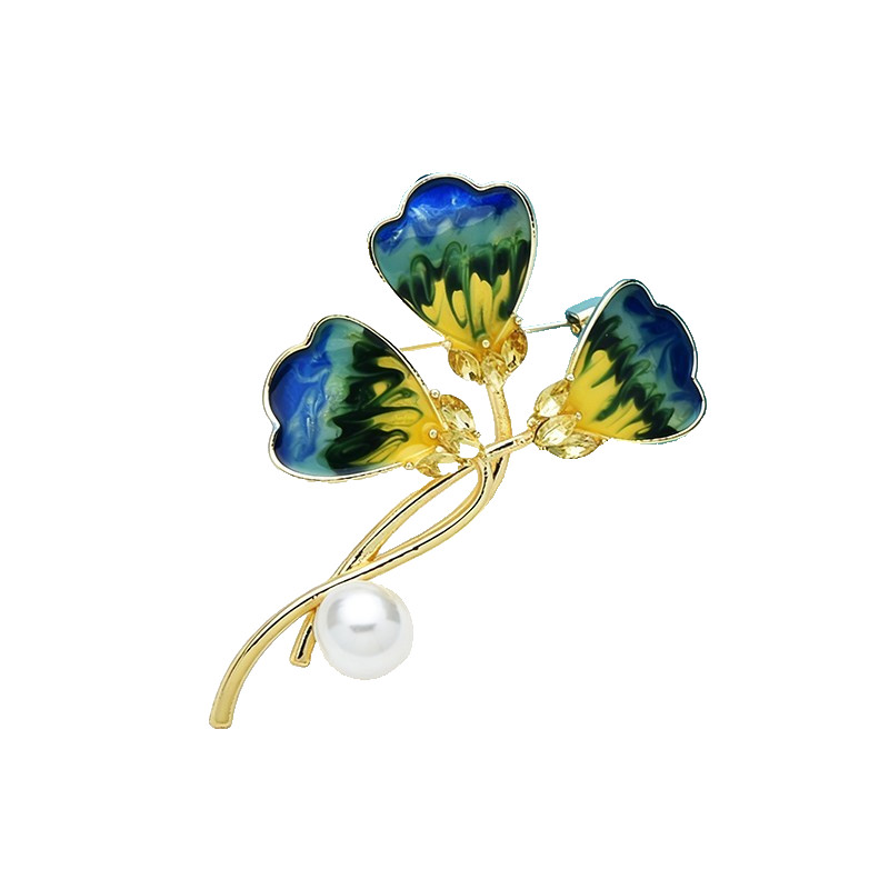 Enamel Flower Brooch Pin Blue Yellow Pearl Accent Floral Jewelry Accessory