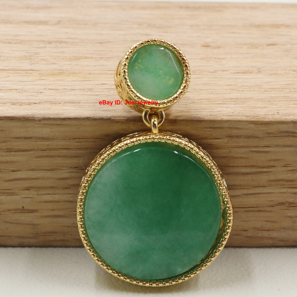 Gold Plated Alloy Heated Green Jade Round 福 Pendant Best Gift 35mm H