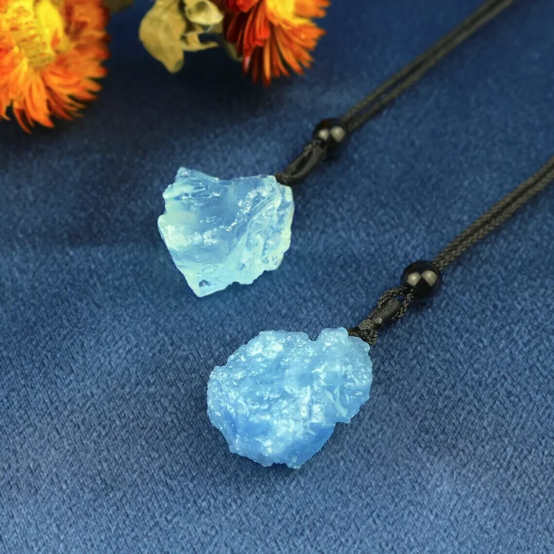 Raw Aquamarine Pendant Blue Rough Stone Crystal Cord Jewelry Women Men Gift
