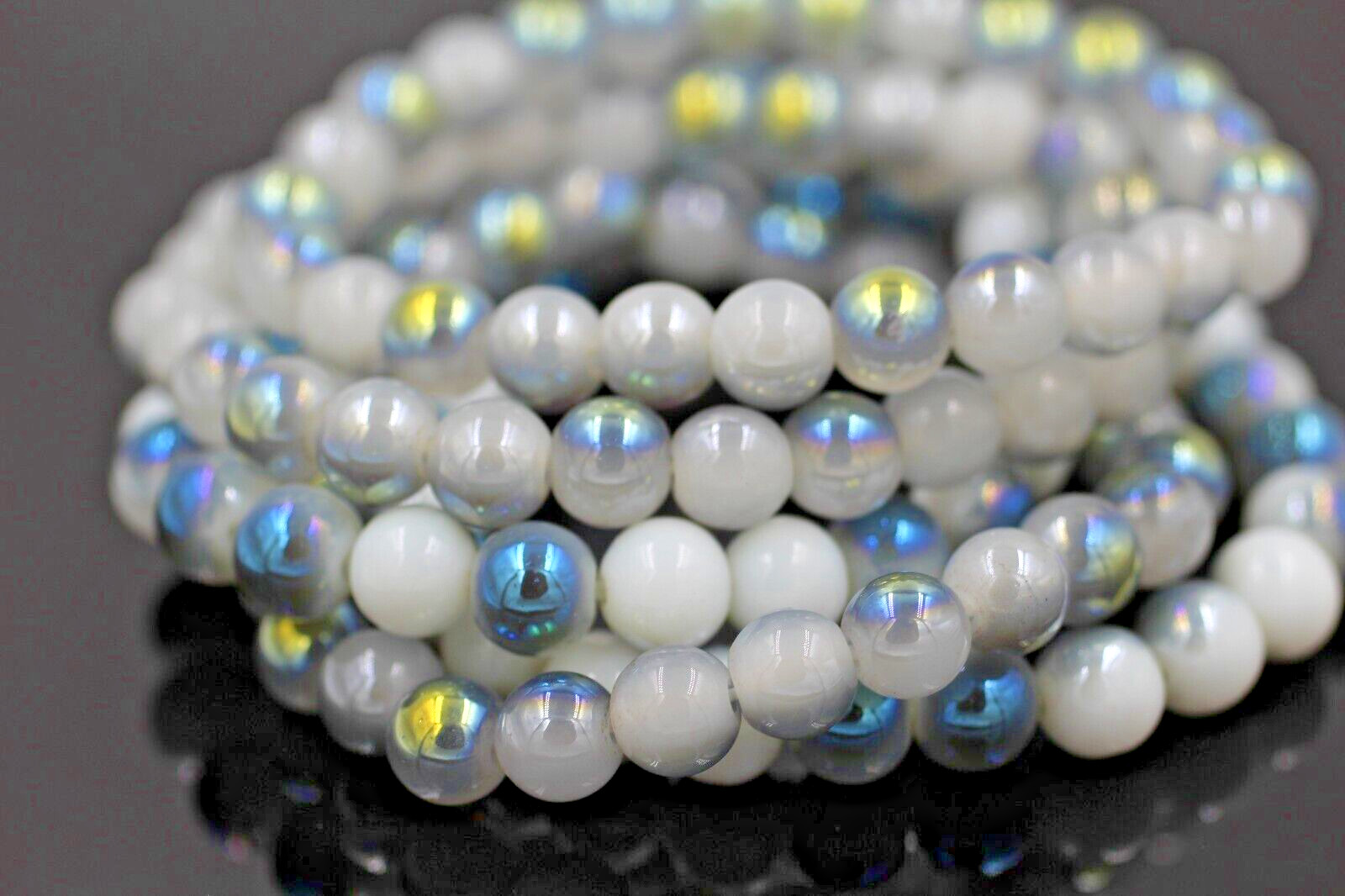 Grey Rainbow Coated Crystal Adjustable Fashion Bracelet Round Beads 7.5” Inch