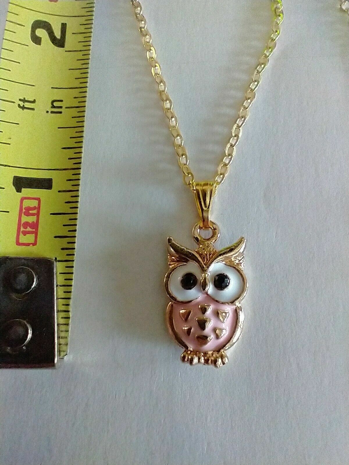 Gold Tone Enamel Pink Turquoise Red White Owl Necklace 18″ Gold Tone Chain