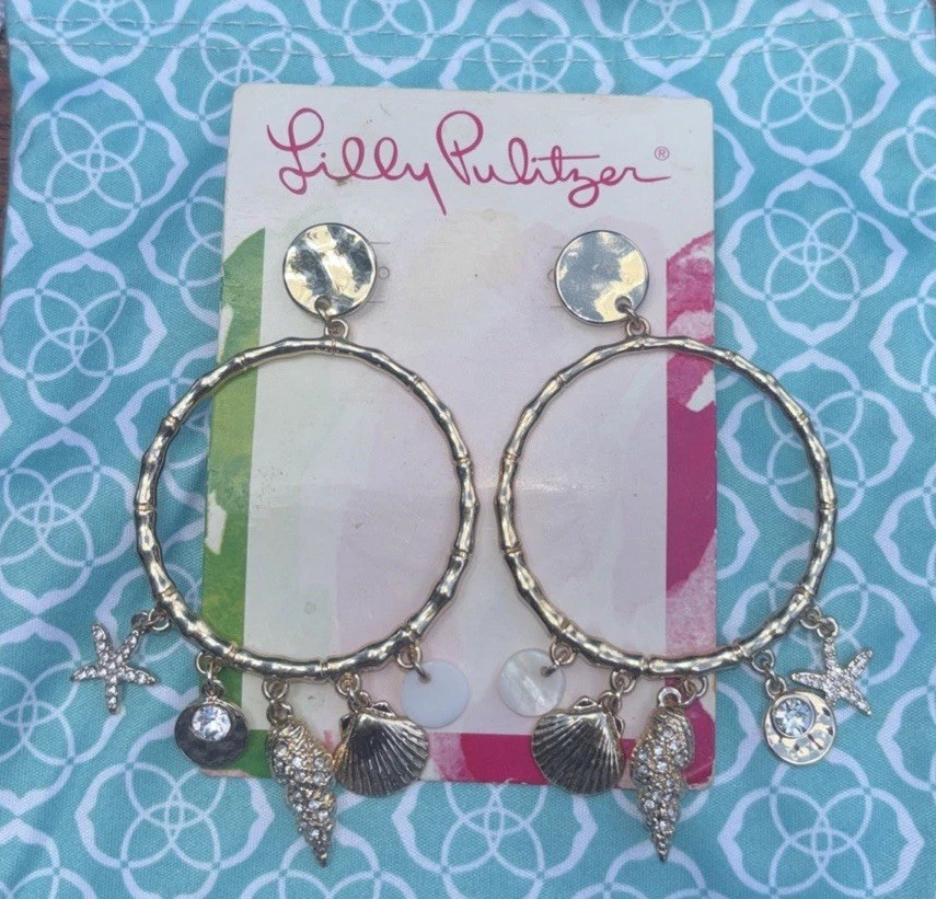 NWT Lilly Pulitzer Gold Metallic Circle Sea Shell Starfish Charm Hoop Earrings