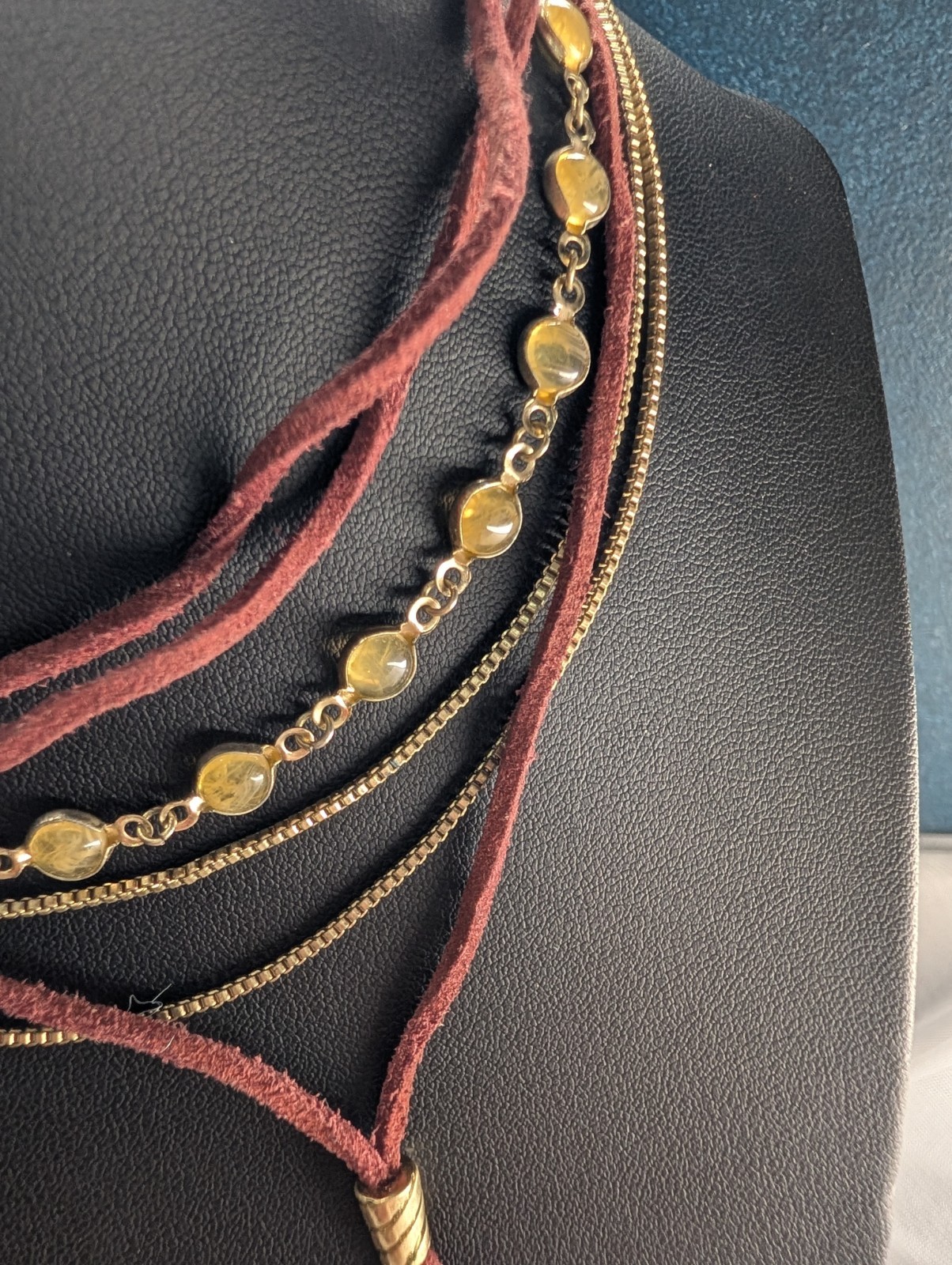 Burgundy Suede Cord Layered Snake Chain Necklace Gold Tone Lobster Adjustable