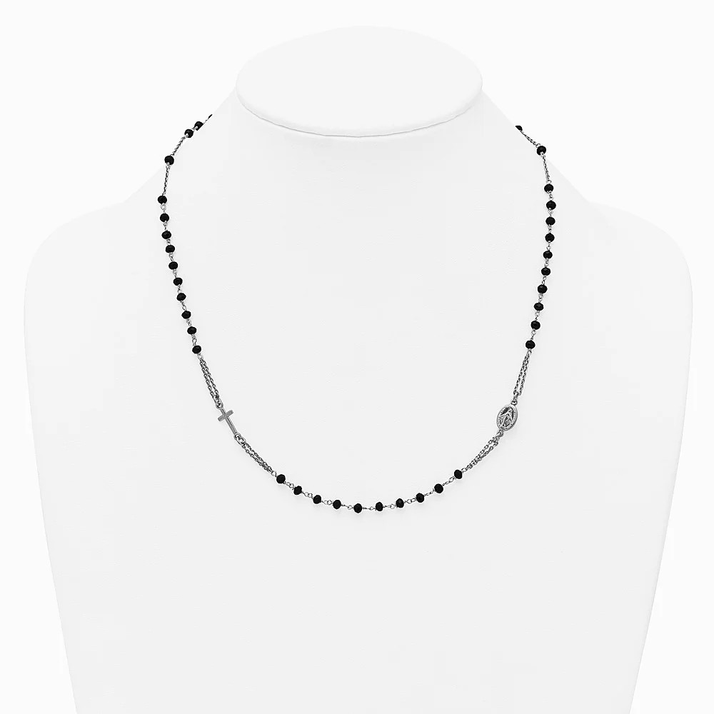 Sterling Silver RH-Plated Blk Crystal 20in W/.5in Ext Rosary Themed Necklace