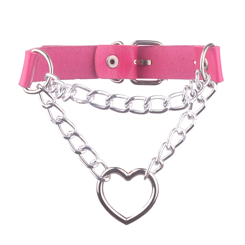 Gothic Punk Leather Chains Choker Collar with Heart Pendant Necklace Neckband