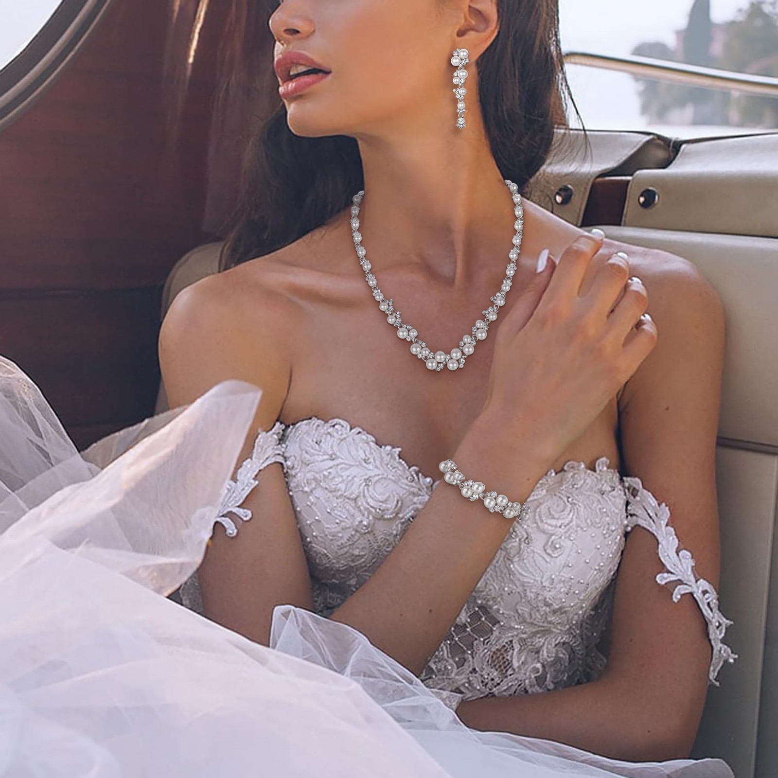 Simulated Pearl Crystal Bridal Necklace Earrings Bracelet Set Silver-Tone White