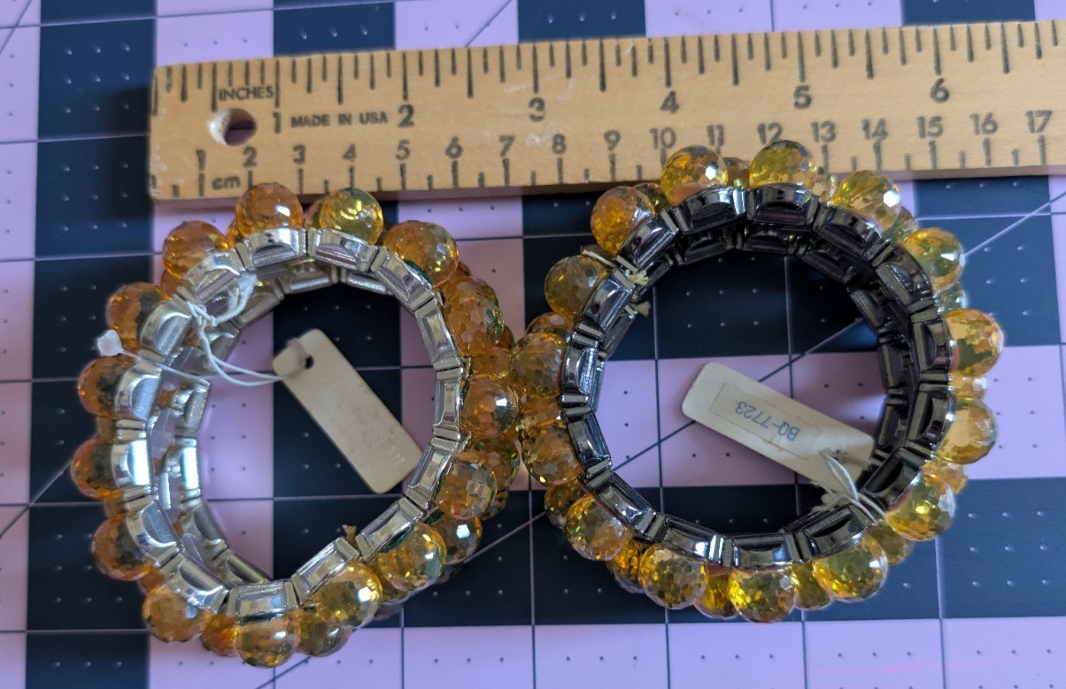 Faceted Lucite Ball Bead Stretch Bracelet Lot of 2 Amber Topaz Gold Chunky Wide