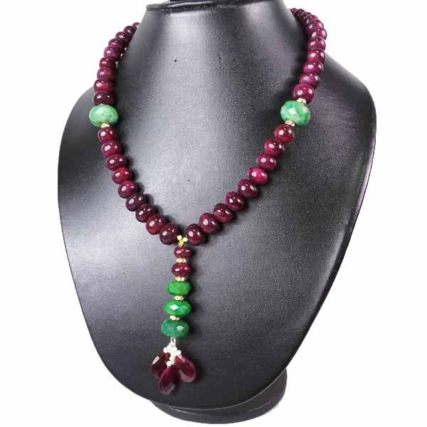 630 CTS NATURAL AFRICAN RUBY BRAZILIAN EMERALD CAB BEADED NECKLACE 21″ W PENDANT