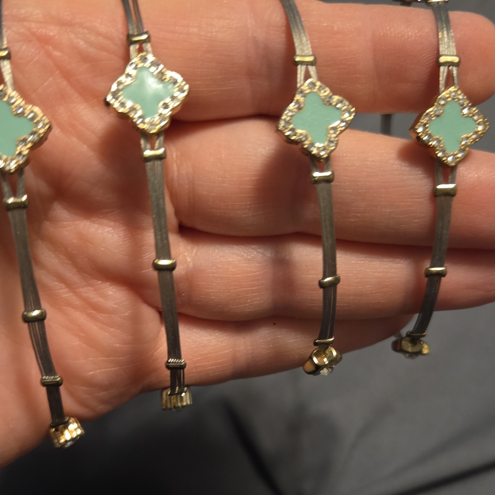 Gold Tone Teal Clover Bracelet &19″ Necklace Jewelry Set with Rhinestone Accents