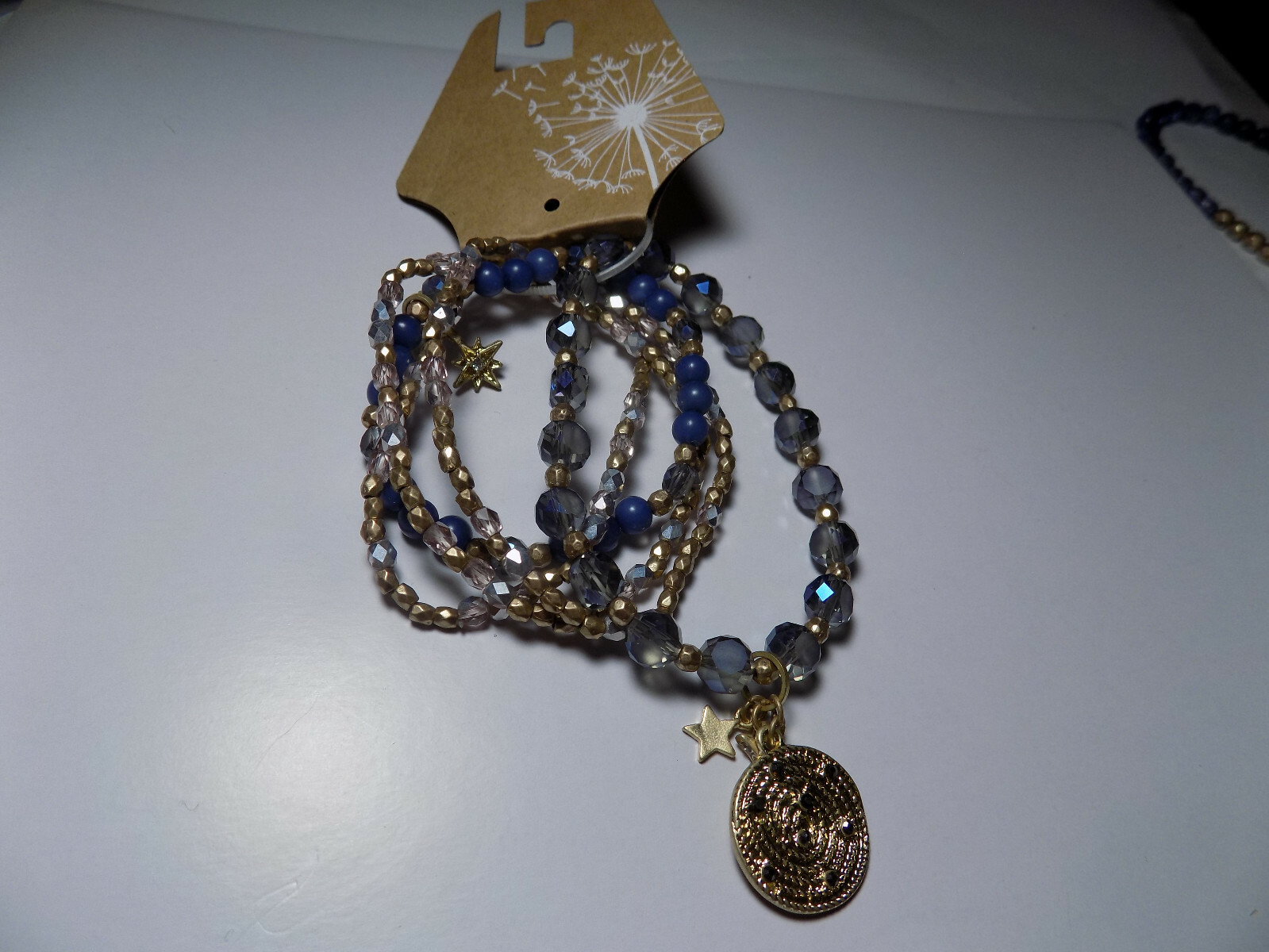 NEW Blue & Gold Tone Set Of 5 Stretch Bracelets 2 with charms NWT (154)