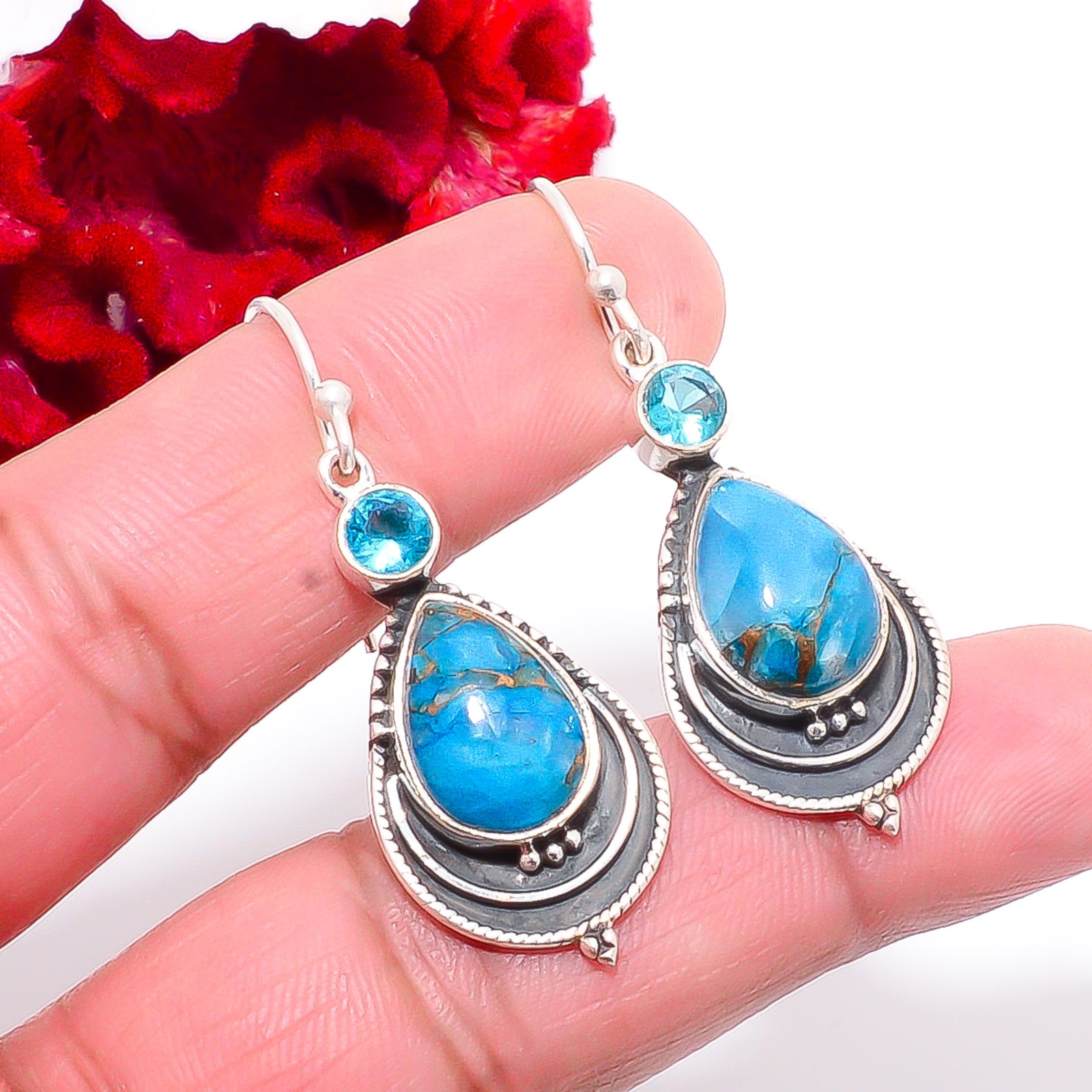 Copper Blue Turquoise & Blue Topaz Oxidised 925 Sterling Silver Earring 1.76 S30