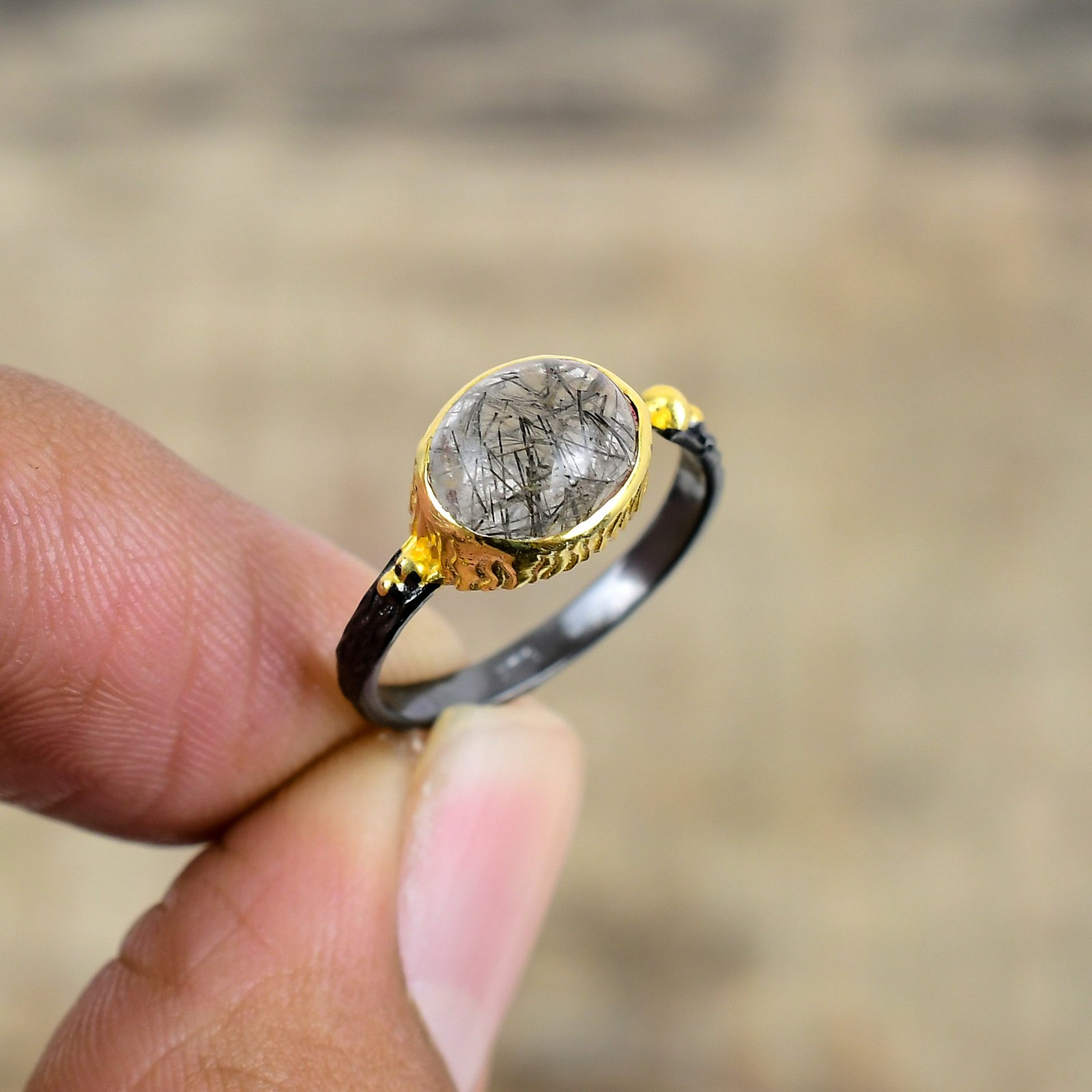 Black Rutilated Quartz – Brazil 925 Sterling Silver Ring S.Adjustable R87136