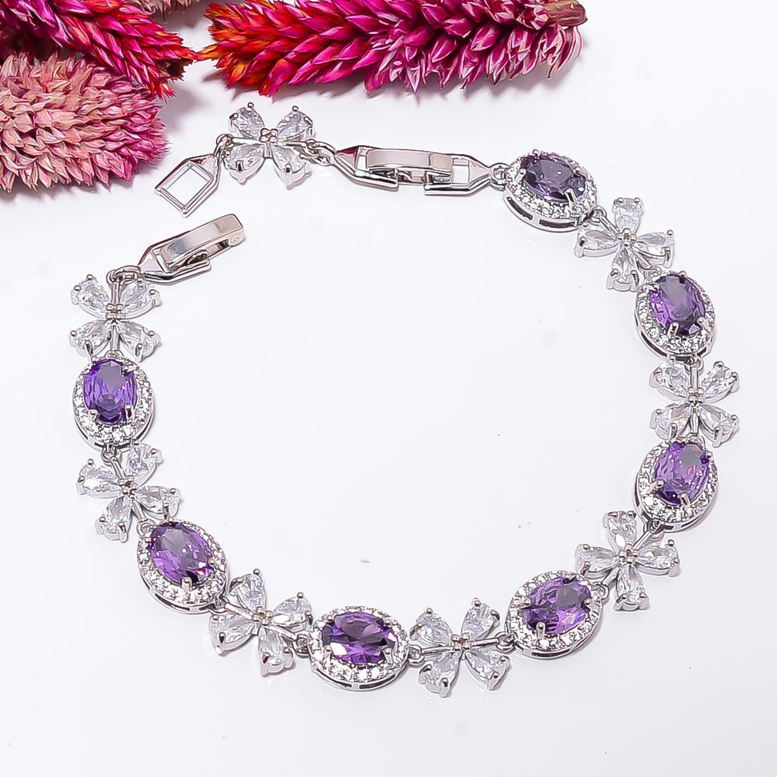 Purple Amethyst, CZ 925 Sterling Silver Adjustable Bracelet 7-8″ B130216