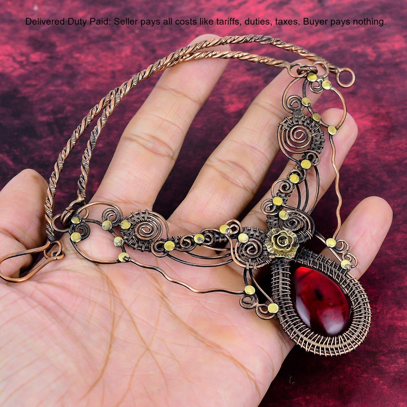 Red Fire Labradorite Gemstone Necklace Copper Wire Wrapped Adjustable Necklace