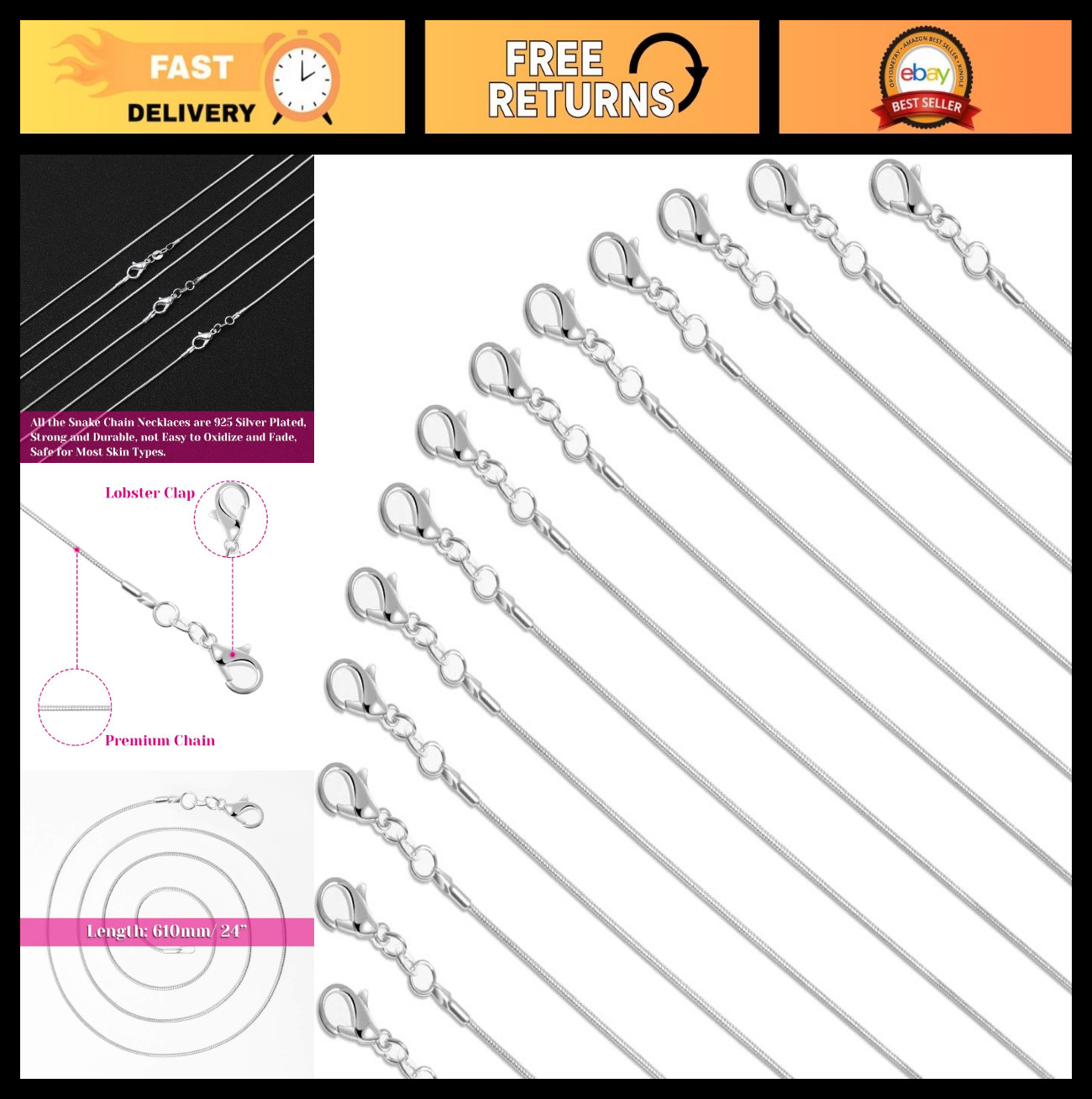 30 Pack Silver Plated Snake Chains 24″ Jewelry Making Necklace 1.2mm Bulk