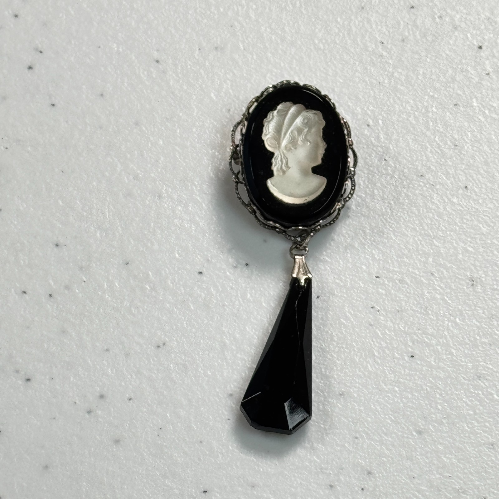 Vintage Cameo Brooch Pendant Black Glass Dangle Victorian Revival Silver Tone