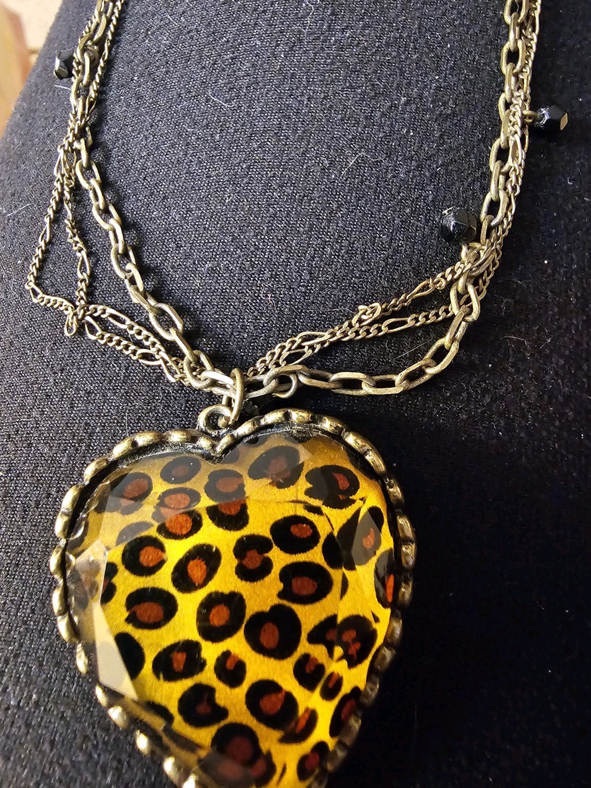Betsey Johnson Multi Chain Leopard Heart Pendant Necklace Black Beads 17 to 19