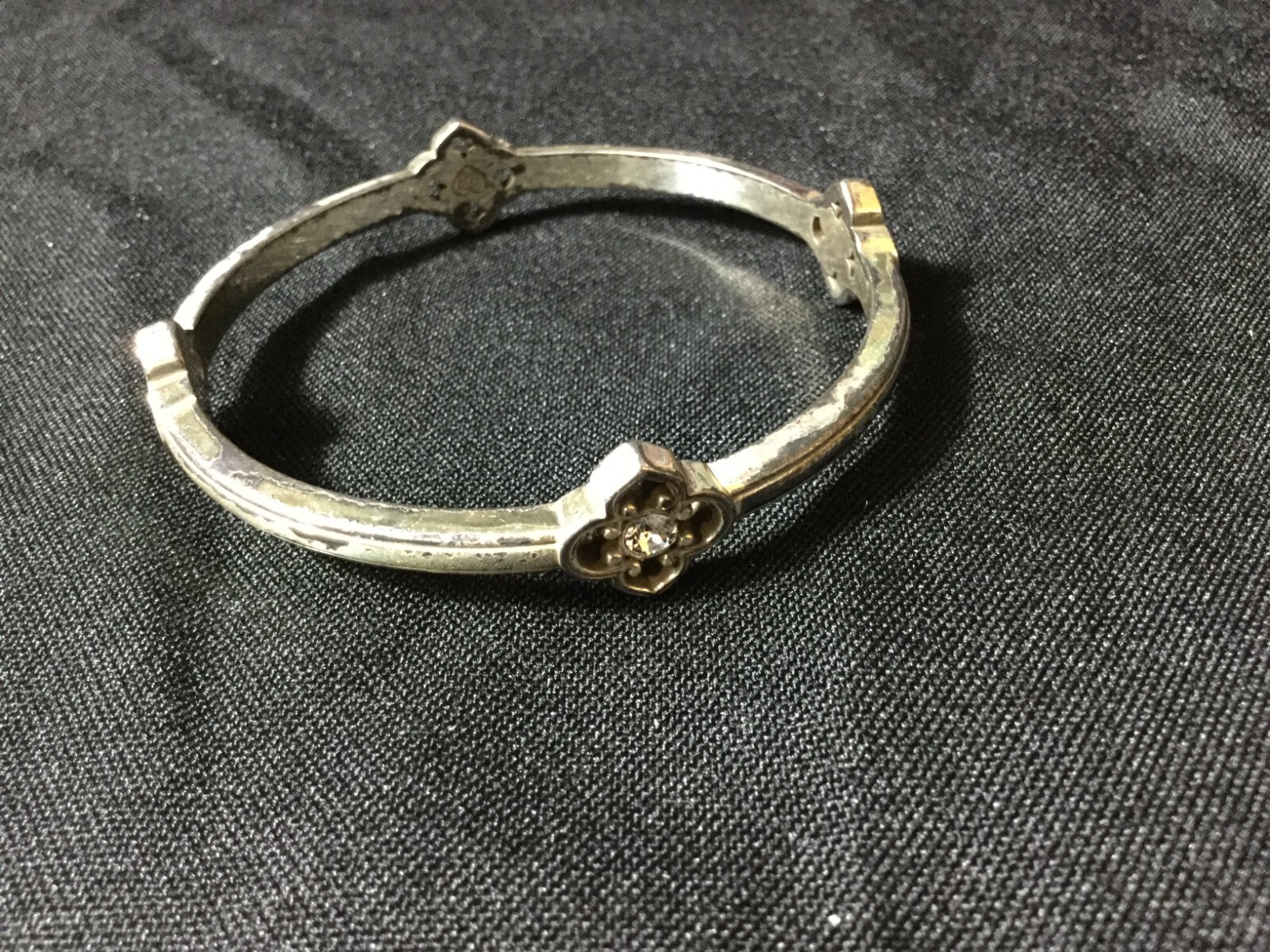 vintage Brighton Toledo Crystal Silver Plate distressed Bangle Bracelet