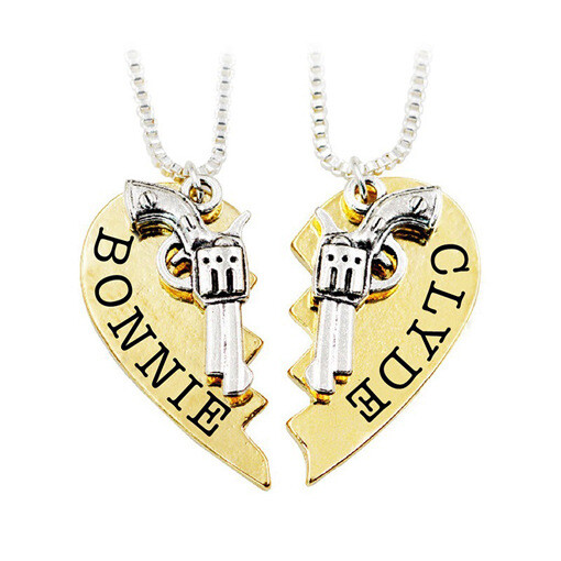 Bonnie And Clyde Love Heart Gun Gold Silver Color Pendant Necklace For Couples