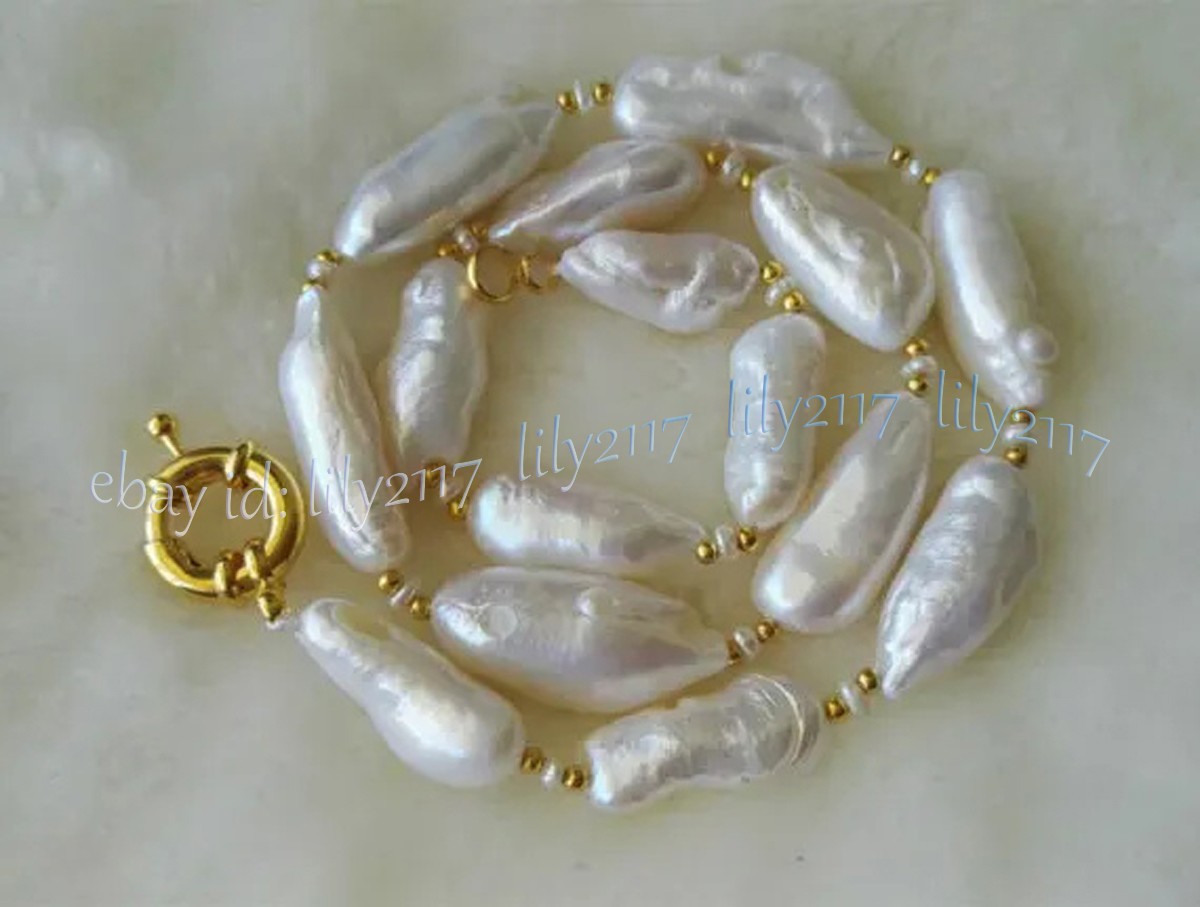 Unique 9x22mm Real Natural White Freshwater Baroque Biwa Peal Necklace 14-36inch