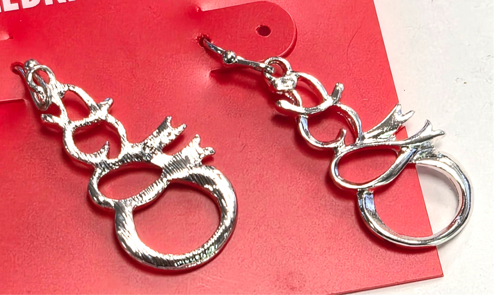 Estate Holiday ” Ribbon Snowman ” Silver Tone Christmas Pierced Dangle Earrings