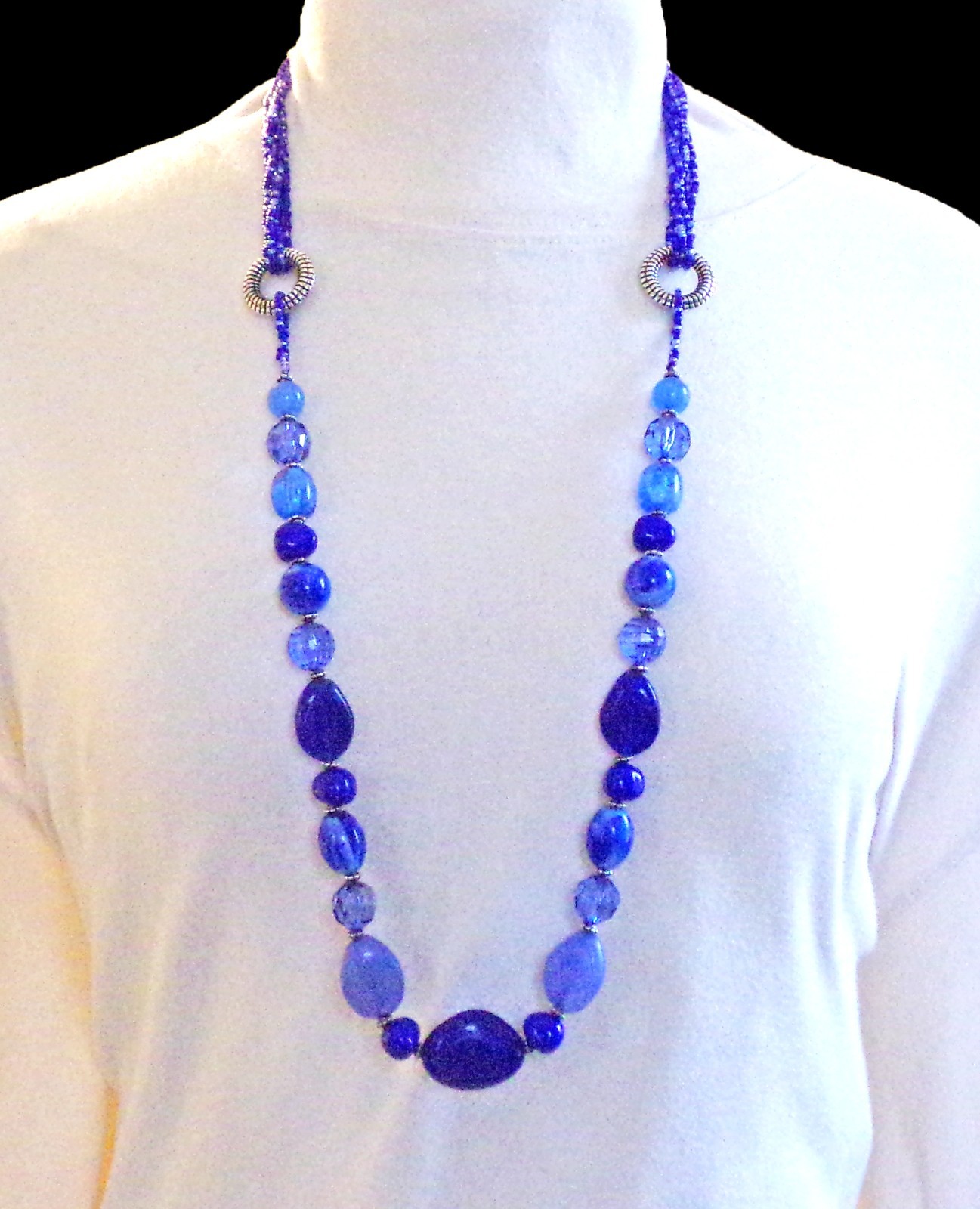 Long Light Blue Boho Bead Necklace Statement Jewelry w/seed beads 37.5” New
