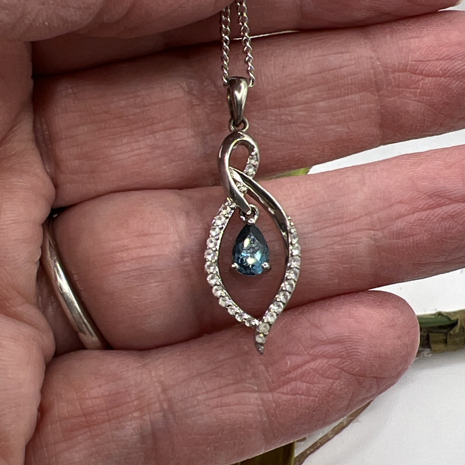 Sterling Silver Blue & White CZ Dangle Pendant 18”