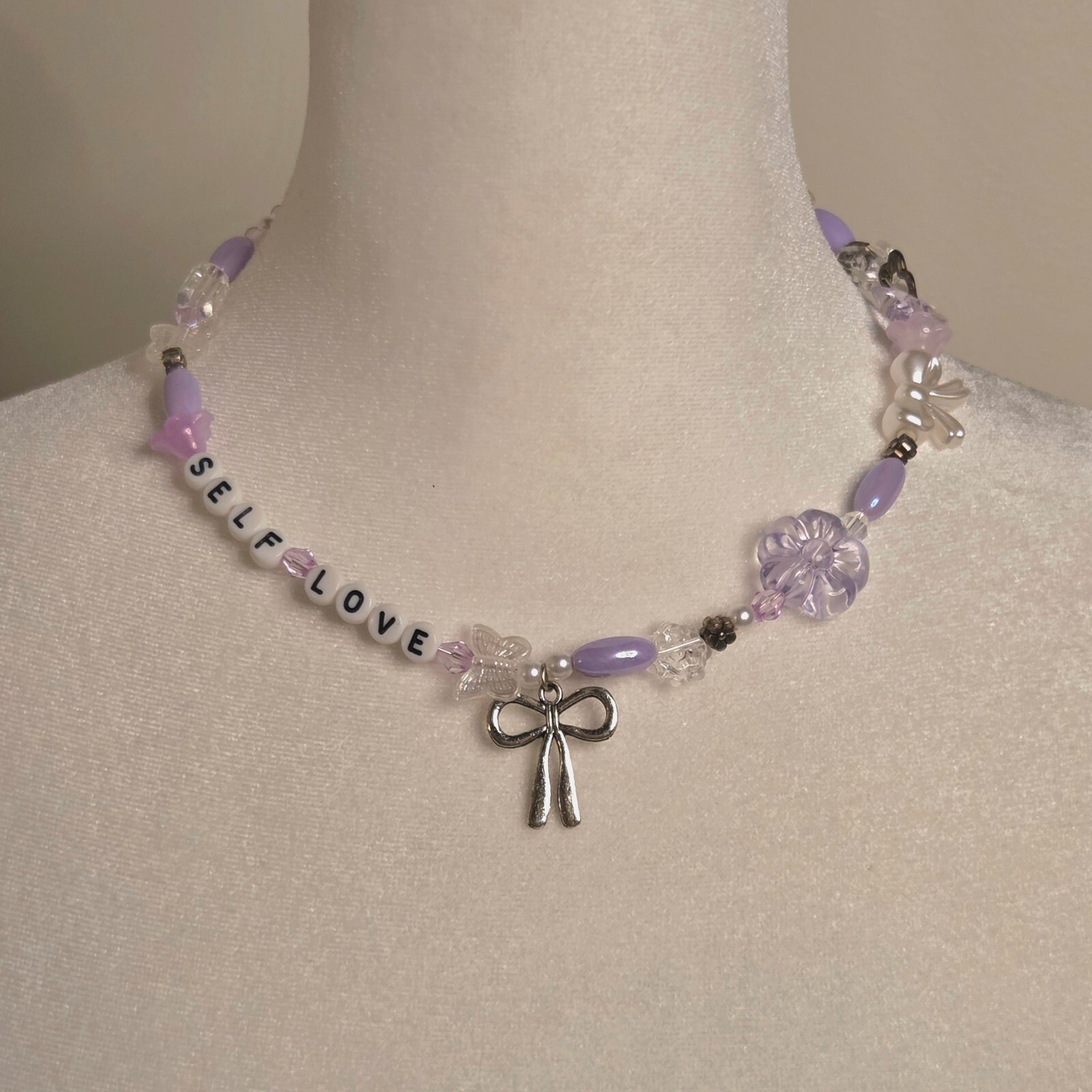 Handmade Lilac Purple Beaded Wire Choker Necklace w/ Butterfly and Flower Charms