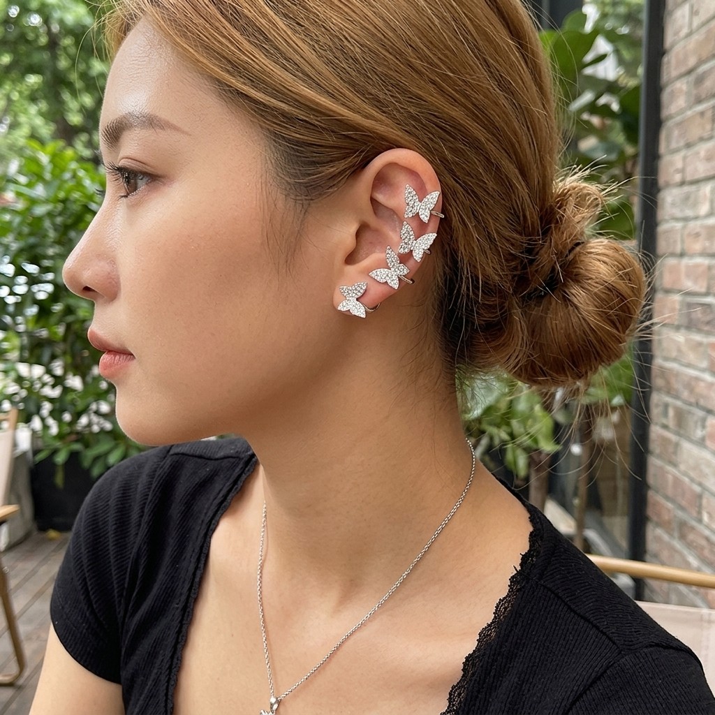 Silver Tone Crystal Butterfly Ear Cuff Set, 2Pcs Non-Pierced Ear Clips