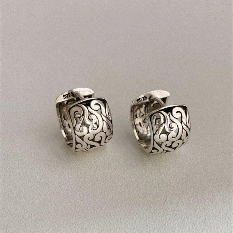 Fashion Women’s Earrings Sterling Silver Retro Filigree Oriental Huggie