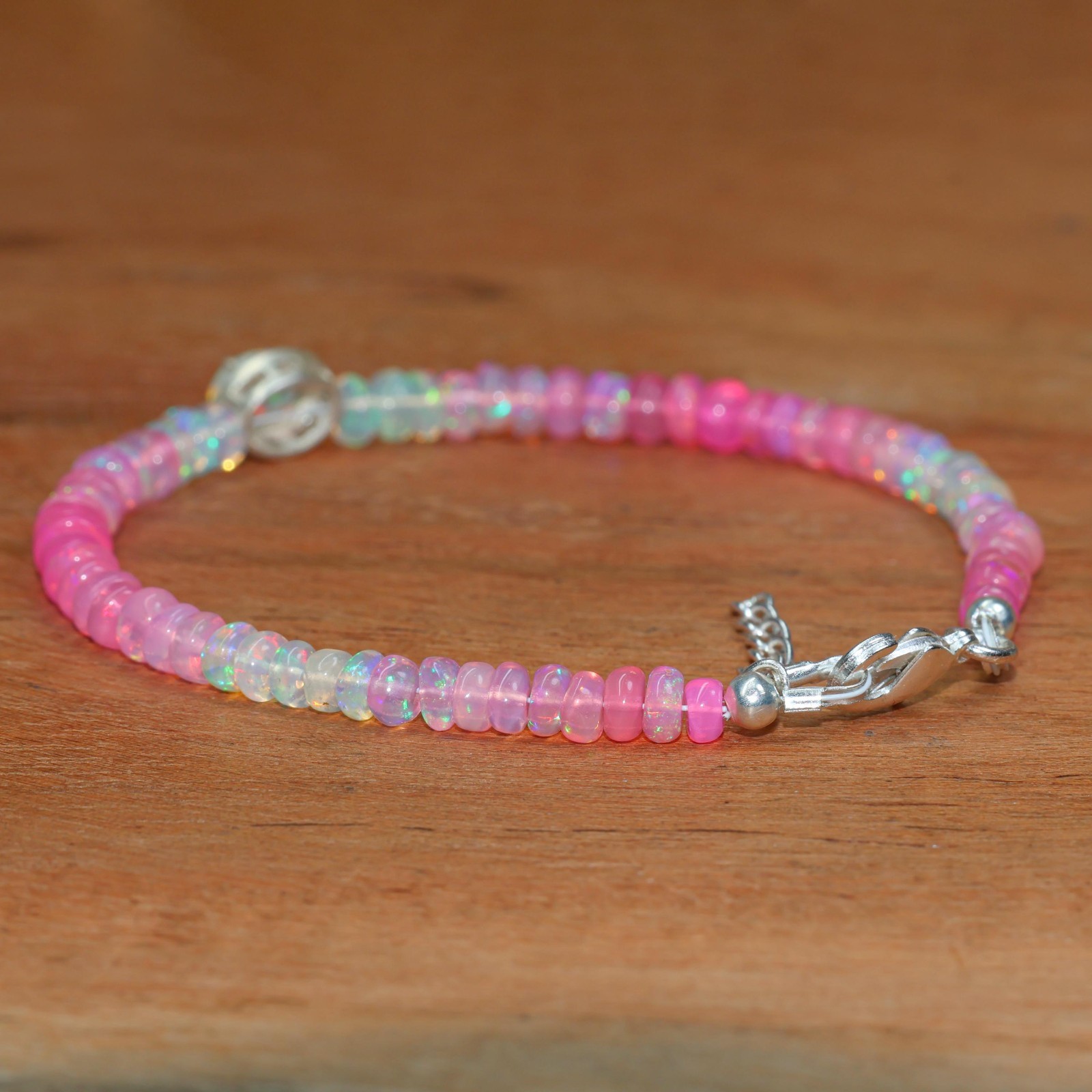 Pink Opal Gemstone Shaded Beaded Bracelet, Ethiopian Fire Opal Oval Bracelet