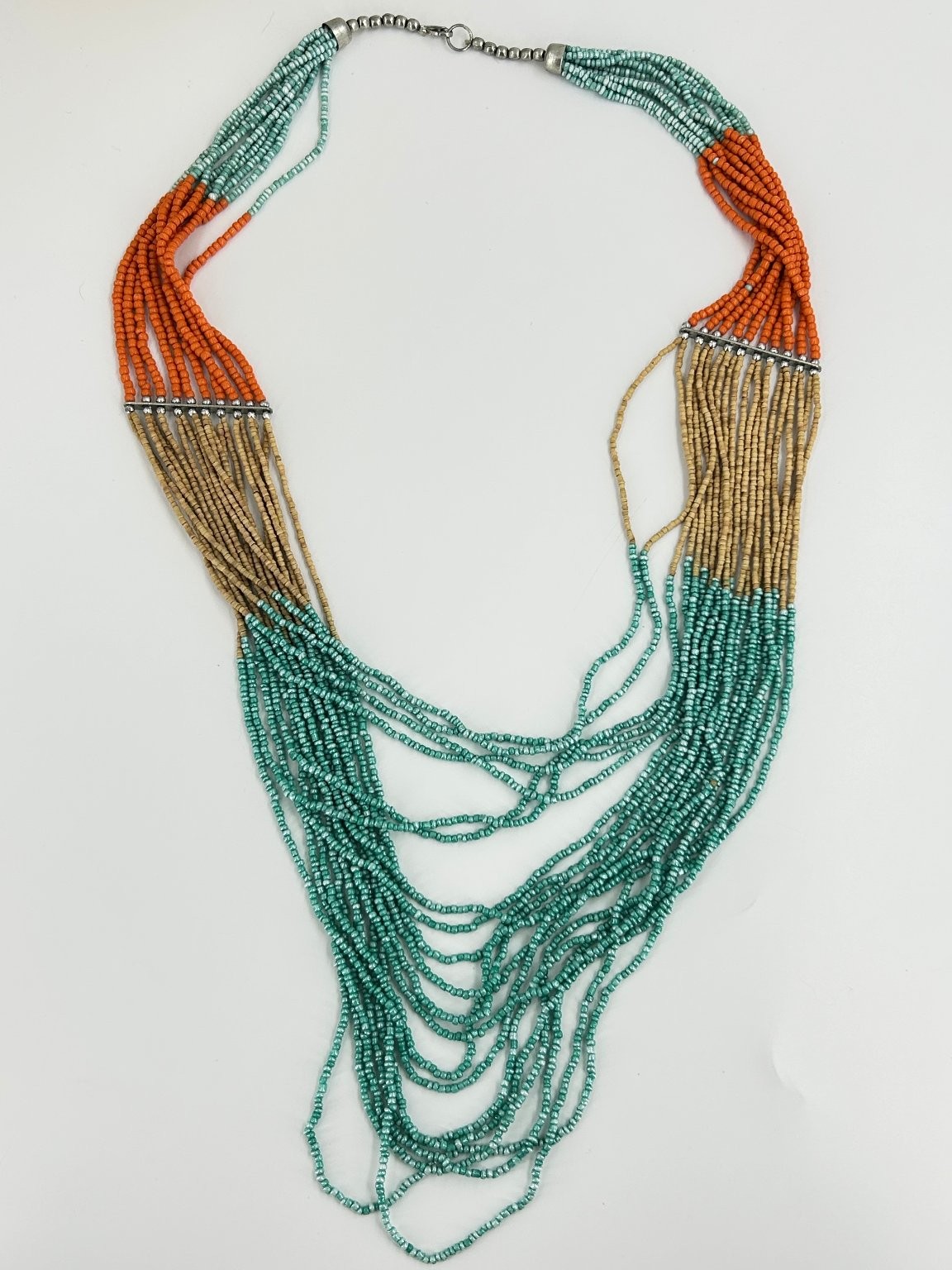 Multi-Strand Beaded Necklace 27 Inch Turquoise Orange Brown Colorful BOHO Hippie