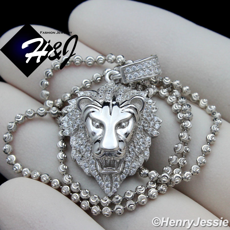 18″-30″MEN 925 STERLING SILVER 2MM MOON CUT BEADED CHAIN ICY CZ LION PENDANT*185